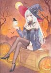  1girl bare_tree bat_(animal) blue_eyes bow breasts cleavage crate detached_sleeves dress full_moon ghost halloween hat hat_bow high_heels highres jack-o&#039;-lantern k.nishiyama lace-trimmed_legwear lace_trim long_hair long_sleeves looking_at_viewer moon nail_polish original outdoors painting_(medium) pumpkin sitting solo thighhighs traditional_media tree very_long_hair watercolor_(medium) white_hair witch witch_hat 