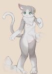 absurd_res anthro areola biped blush breasts felid feline felis female fur genitals green_eyes hi_res inner_ear_fluff mammal nipples puck_(re:zero) pussy re:zero simple_background solo tuft white_body white_fur womb_tattoo xux_(artist)