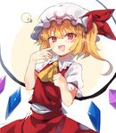  :d ascot bangs blonde_hair blush bow commentary_request cowboy_shot eyebrows_visible_through_hair flandre_scarlet hand_up hat idea kasuka_(kusuki) light_bulb long_hair looking_at_viewer mob_cap multicolored multicolored_background open_mouth red_bow red_eyes red_skirt short_sleeves side_ponytail skirt skirt_set smile solo touhou two-tone_background white_hat 