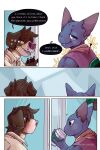 bastriw beverage brown_eyes canid canine canis clothing coffee comic dialogue domestic_cat domestic_dog drinking felid feline felis fernando_(bastriw) hi_res male mammal nervous_smile nervous_sweat pato_(bastriw) purple_eyes text