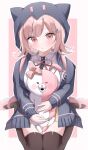  1girl :o animal_ears blush bow breasts brown_hair brown_thighhighs collared_shirt danganronpa_(series) danganronpa_2:_goodbye_despair diaper ear_bow fake_animal_ears flipped_hair galaga hair_ornament highres holding hood hood_up jacket long_sleeves looking_at_viewer medium_hair monomi_(danganronpa) nanami_chiaki neck_ribbon peko_taro pink_background pink_eyes ribbon seiza shirt sitting skirt solo thighhighs white_background white_shirt 