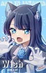  1girl ado_(utaite) aidhaaichii animal_ear_fluff animal_ears artist_name black_bow black_bowtie black_coat black_hair blue_background blue_eyes blue_flower blue_hair blue_rose bow bowtie cat_ears cat_girl chando_(ado) claw_pose cloud_nine_inc coat collared_shirt colored_inner_hair commentary_request dated dress_shirt fang flower flower_brooch gloves kemonomimi_mode light_blush long_sleeves looking_at_viewer mole mole_under_eye multicolored_hair open_mouth outline rose shirt sidelocks simple_background skin_fang solo upper_body utaite white_gloves white_outline white_shirt 