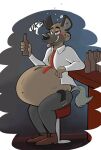 aggretsuko alcohol anthro beer beer_bottle belly beverage big_belly bloated bottle brown_body brown_fur chair container fur furniture haida_(aggretsuko) hi_res huge_belly hyena male mammal navel on_chair overweight overweight_anthro overweight_male remmyfox sanrio sitting sitting_on_chair speech_bubble spotted_hyena