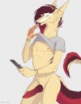 anthro chest_spike clothed clothing clothing_lift ear_piercing electronics emil-gee genitals hi_res knot looking_at_viewer male niro_(niron) partially_clothed penis phone piercing sergal shirt shirt_lift smile solo spikes spikes_(anatomy) tail tail_tuft topwear tuft