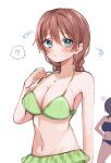 2girls ? aqua_eyes asaka_karin bare_shoulders bikini blush braid breasts brown_hair cleavage closed_mouth commentary_request emma_verde furrowed_brow green_bikini hair_between_eyes highres jewelry looking_at_viewer love_live! love_live!_nijigasaki_high_school_idol_club low_twintails medium_hair midriff motion_lines multiple_girls navel necklace osora_dao sidelocks solo_focus spoken_question_mark standing sweat swimsuit twin_braids twintails upper_body white_background 