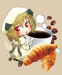  blonde_hair blush bow chamaji coffee coffee_beans crescent croissant cup dress drill_hair eyebrows_visible_through_hair fairy_wings food frills hair_between_eyes hat highres long_sleeves luna_child open_mouth red_eyes saucer shoes simple_background solo teacup touhou wide_sleeves wings 