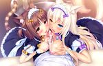  animal_ears azuki_(sayori) bell bicolored_eyes blonde_hair blush bow breast_hold breasts brown_eyes brown_hair catgirl censored coconut_(sayori) cum game_cg headdress long_hair maid nekopara nipples paizuri penis sayori short_hair tail 