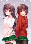  :d alternate_costume black_legwear brown_eyes brown_hair gradient_hair green_skirt kantai_collection kisaragi_(kantai_collection) long_hair long_sleeves looking_at_viewer minami_(apricot_tea) multicolored_hair multiple_girls mutsuki_(kantai_collection) open_mouth pantyhose pleated_skirt purple_eyes red_hair red_sweater ribbed_sweater short_hair skirt smile sweater thighhighs white_sweater zettai_ryouiki 