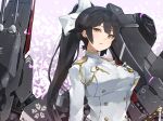  1girl azur_lane black_hair bow breasts gloves hair_bow hand_on_own_chest highres large_breasts long_hair long_sleeves looking_at_viewer military military_uniform ponytail rigging simple_background solo sunday_aki takao_(azur_lane) turret uniform very_long_hair white_bow white_gloves yellow_eyes 