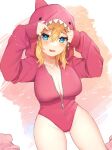  1girl :d animal_hood blonde_hair blue_eyes breasts cleavage cowboy_shot genderswap genderswap_(mtf) groin highres hood large_breasts leotard link looking_at_viewer red_leotard shark_hood smile solo the_legend_of_zelda the_legend_of_zelda:_breath_of_the_wild ttanuu. 