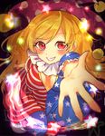  american_flag american_flag_dress american_flag_legwear blonde_hair breasts cleavage cleavage_cutout clownpiece commentary_request fire flame foreshortening glowing grin hat jester_cap konnyaku_(yuukachan_51) long_hair looking_at_viewer medium_breasts neck_ruff open_hand pantyhose pixelated purple_hat reaching_out red_eyes smile solo star striped torch touhou 