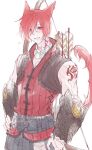  1boy animal_ears arrow_(projectile) black_nails blush bow_(weapon) cat_ears cat_tail facial_mark final_fantasy final_fantasy_xiv fingernails g&#039;raha_tia jacket looking_at_viewer male_focus miqo&#039;te nail_polish quiver red_eyes red_hair red_jacket shoulder_tattoo simple_background smile solo tail tail_raised tattoo tladpwl03 weapon white_background 