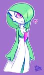  1girl 2017 artist_name blueman282 breasts collarbone dated female gardevoir green_hair hair_over_one_eye heart medium_breasts no_humans outline pink_eyes pokemon pokemon_(creature) pokemon_rse purple_background short_hair signature simple_background smile solo standing text 