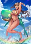  1girl andromeda_(fate) andromeda_(second_ascension)_(fate) bandeau bare_shoulders barefoot beach bikini bikini_under_clothes blue_sky blush bracelet braid breasts brown_hair chain cleavage criss-cross_halter cross-laced_clothes crown_braid dark-skinned_female dark_skin denim fate/grand_order fate_(series) full_body green_eyes grey_pants halterneck highleg highleg_bikini highres inflatable_toy jeans jewelry large_breasts long_hair looking_at_viewer low_ponytail multicolored_bikini multicolored_clothes nakaga_eri navel open_mouth pants rainbow_bikini sandals sidelocks sky smile solo swimsuit unworn_pants 