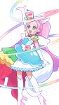  1girl absurdres animal_ears arm_up bare_shoulders berry boots choker commentary_request cure_parfait dress earrings elbow_gloves food food-themed_hair_ornament fruit gloves hair_ornament headband highres horse_ears jewelry kirakira_precure_a_la_mode kiwi_(fruit) leaf lemon long_hair looking_at_viewer open_mouth orange_(fruit) parfait pearl_choker pearl_earrings pink_hair ponytail precure simple_background strapless strapless_dress tail tiptoes turquoise_dress user_vpzk3237 white_background white_footwear white_gloves white_tail white_wings wings 