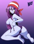  absurdres ass bandana bigdead93 blue_skin breasts dark_nipples earrings hair_down highres hoop_earrings jewelry large_breasts lips lipstick long_hair makeup nipples panties purple_hair purple_lipstick purple_panties red_eyes risky_boots shantae_(series) side-tie_panties smile soles solo toon topless underwear untied untied_panties 