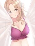  1girl bare_shoulders blurry blush bra breasts brown_eyes brown_hair cleavage collarbone depth_of_field dot_nose flower hair_bun hair_flower hair_ornament hands_up highres holding ichikawa_hinana idolmaster idolmaster_shiny_colors large_breasts long_hair looking_at_viewer midriff navel parted_bangs purple_bra simple_background single_hair_bun single_side_bun smile solo tongue tongue_out torikun transparent_curtains underwear upper_body white_background 
