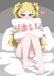  1girl bed_sheet blonde_hair blush bow completely_nude convenient_leg emily_stewart feet hair_bow heart highres holding holding_pillow idolmaster idolmaster_million_live! knees_together_feet_apart knees_up long_hair looking_at_viewer nude ohgi910 pillow sitting soles solo toes twintails very_long_hair yes-no_pillow 