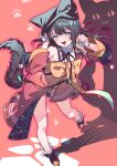  &lt;|&gt;_&lt;|&gt; 1girl :3 adjusting_clothes adjusting_headwear animal_ear_headwear animal_ears atelier_(series) atelier_resleriana black_hair brown_footwear cat_day cat_ears cat_girl cat_tail commentary_request different_shadow grey_eyes highres izana_kokoschka long_hair looking_at_viewer official_art open_mouth paw_print shorts solo standing standing_on_one_leg tail umiu_geso 