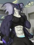 3_eyes 4_arms abs absurd_res anthro apode balls big_balls big_penis bucklethong clothing crop_top draconcopode genitals gym heterochromia hi_res hood huge_balls huge_penis hyper hyper_balls hyper_genitalia hyper_penis inside legless multi_arm multi_eye multi_limb muscular naga nipples pecs penis reptile scalie serpentine shirt snake topwear