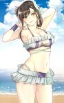  1girl arms_up beach bikini bikini_skirt botamotiumai breasts brown_eyes cleavage commentary_request final_fantasy final_fantasy_vii final_fantasy_vii_rebirth final_fantasy_vii_remake frilled_bikini frills highres large_breasts looking_at_viewer microskirt navel ocean official_alternate_costume official_alternate_hairstyle revision skirt solo stomach swimsuit tifa_lockhart wristband 