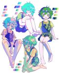  1boy :d androgynous antenna_hair arm_between_legs bare_legs barefoot basil_(headspace)_(omori) basil_(omori) blue_eyes blue_hair blush closed_eyes closed_mouth color_guide feet frown green_eyes green_hair green_shirt hand_on_own_arm hand_on_own_knee highres invisible_chair knees_up legs looking_at_viewer male_focus multicolored_hair multiple_views omori open_mouth orange_shirt overalls ow12714 shirt short_hair short_sleeves sidelocks simple_background sitting smile soles teeth toes upper_teeth_only wariza white_background yellow_shirt 