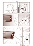  apartment backpack bag bear_print cable cellphone closed_eyes comic commentary door half-closed_eyes hat highres horns iphone kantai_collection mittens monochrome moomin muppo nightcap northern_ocean_hime pajamas phone sazanami_konami sleepy smartphone translated window 