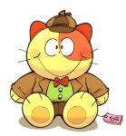 2024 anthro barefoot bottomwear bow_tie chana_kim clothing detective_button detective_hat domestic_cat feet felid feline felis happy headgear headwear male mammal overweight overweight_male pants plushie price_tag shirt simple_background sitting solo topwear white_background