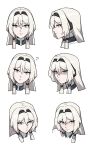  1girl ? an-94_(girls&#039;_frontline) aqua_eyes black_hairband blush emile_aoi expressionless from_side girls&#039;_frontline hairband highres long_hair looking_at_viewer multiple_views partially_shaded_face portrait smile straight-on white_background white_hair 