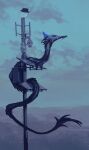  absurdres animal_focus bird black_headwear blank_eyes blue_horns blue_sky cloud dragon eastern_dragon from_side full_body hat highres horns nightcrow no_humans original outdoors sky tail utility_pole 