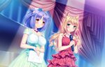  2girls animal_ears blonde_hair blush cat_smile catgirl cinnamon_(sayori) dress game_cg green_eyes long_hair maple_(sayori) microphone necklace nekopara ponytail purple_hair sayori yellow_eyes 