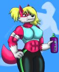 anthro armband bagumy_awoo621(artist) belly big_breasts black_bottomwear black_clothing black_pants blonde_hair blue_clothing blue_crop_top blue_shirt blue_topwear bottle bottomwear breasts canid canine canis clothing container crop_top dingo fangs female hair hi_res humanoid mammal muscular muscular_female pants perets pink_body ponytail shirt teeth topwear water_bottle wide_hips