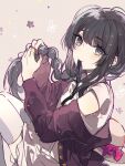  1girl black_eyes black_hair black_ribbon blunt_bangs bow braiding_hair closed_mouth dress feet_out_of_frame flower_(symbol) from_side hair_over_shoulder hairdressing hat hat_bow heroine_(lovebrush_chronicles) jacket knees_up light_blush long_hair long_sleeves looking_to_the_side lovebrush_chronicles mouth_hold nevakuma_(fanfanas) off_shoulder pink_background red_jacket ribbon ribbon_in_mouth sleeveless sleeveless_dress smile sun_hat thighhighs unworn_hat unworn_headwear weibo_logo weibo_username white_dress white_thighhighs 