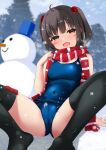  1girl black_hair black_thighhighs blue_one-piece_swimsuit blush breasts brown_eyes covered_navel hair_ornament highres kuro_yanagi long_hair looking_at_viewer one-piece_swimsuit open_mouth original outdoors scarf school_swimsuit sitting small_breasts smile snow snowflakes snowing snowman solo spread_legs swimsuit thighhighs winter 