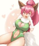  1girl :d animal_ears animal_hands breasts cat_ears cat_tail cleavage cleavage_cutout clothing_cutout gloves green_leotard heart_cutout large_breasts leotard long_hair looking_at_viewer navel navel_cutout open_mouth perisie_(star_ocean) pink_hair ponytail smile solo star_ocean star_ocean_first_departure tail trutsmn wide_ponytail 