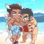  2boys :o adjusting_another&#039;s_clothes bara beach blue_male_swimwear colored_skin dark-skinned_male dark_skin day deformed facial_hair foot_wings forked_eyebrows full_body goatee goatee_stubble gradient_skin hachimaki hairy half-closed_eyes head_wings headband hermes_(housamo) highres large_pectorals long_sideburns male_focus male_swimwear mature_male multiple_boys muscular muscular_male mutton_chops nejiri_hachimaki ocean outdoors pectorals red_skin sand short_hair sideburns sideburns_stubble sparse_arm_hair sparse_chest_hair sparse_leg_hair stubble swim_briefs swim_trunks tajikarao_(housamo) teriyaki_(gqtne7ymkx71079) thick_eyebrows tokyo_afterschool_summoners topless_male tusks unfinished v-shaped_eyebrows wings yaoi 