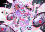  2girls agent_8_(splatoon) bodysuit boots choker copyright_name crown dark-skinned_female dark_skin drone dual_wielding earrings grey_eyes grey_hair highres holding jelleton jewelry multiple_girls non-humanoid_robot octoling octoling_girl octoling_player_character order_dualies_(splatoon) pearl_drone_(splatoon) robot splatoon_(series) splatoon_3 splatoon_3:_side_order suction_cups swarming_languendo tentacle_hair white_bodysuit white_choker white_footwear xiaoyunatie 