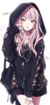  1other akiyama_mizuki alternate_hairstyle black_hood black_hoodie blush chain cowboy_shot do_while02 highres hood hood_up hoodie jewelry long_hair necklace pink_eyes pink_hair project_sekai tongue tongue_out twitter_username white_background 