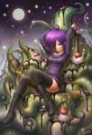  1girl bare_shoulders black_legwear blue_eyes boots breasts cherry chocolate_syrup cleavage drill_hair emperpep hair_ornament hair_over_one_eye ice_cream long_hair off-shoulder_sweater purple_hair solo sprinkles sweater tentacle thighhighs zone-tan 