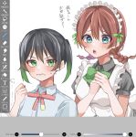  2girls apron black_hair blue_eyes blue_shirt blush bow bowtie braid brown_hair clenched_hand collared_shirt commentary_request emma_verde frilled_apron frills furrowed_brow gradient_hair green_bow green_bowtie green_eyes green_hair highres ibispaint looking_at_another looking_at_viewer love_live! love_live!_nijigasaki_high_school_idol_club low_twintails maid maid_headdress medium_hair multicolored_hair multiple_girls nijigasaki_academy_school_uniform open_mouth osora_dao school_uniform shirt short_sleeves sidelocks summer_uniform sweat takasaki_yuu translation_request trembling twin_braids twintails upper_body v-shaped_eyebrows white_apron 