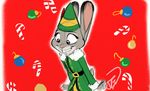  2016 anthro belt candy candy_cane christmas christmas_bauble christmas_decorations clothed clothing coat costume digital_drawing_(artwork) digital_media_(artwork) dipstick_ears disney ears_up elf excited female food fur grey_fur hat holidays humanoid judy_hopps lagomorph mammal purple_eyes rabbit red_background signature simple_background smile solo trashasaurusrex zootopia 