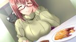  ^_^ arm_rest black_cat breast_rest breasts breasts_on_table brown_hair cat closed_eyes commentary_request curry dutch_angle food glasses green_sweater hair_between_eyes head_rest highres long_hair miracle_hoshi omelet original ribbed_sweater sidelocks smile sweater turtleneck turtleneck_sweater 