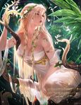  armlet blonde_hair branch clothed clothing dress elf female flower flowers_in_hair green_eyes green_theme hair humanoid leaves magic nature_magic not_furry on_branch plant robe sakimichan sitting solo tree vines virgo_(symbol) virgo_(zodiac) 