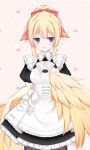  1girl apron artist_request black_dress blonde_hair blue_eyes bow bowtie breasts closed_mouth collar dress feathers frilled_collar frilled_dress frills hair_ribbon harpy heart heart_background highres indie_virtual_youtuber juliet_sleeves long_sleeves maid maid_apron maid_day mavia_(vtuber) monster_girl orange_ribbon pink_background puffy_sleeves ribbon second-party_source solo virtual_youtuber white_apron white_bow white_bowtie white_collar yellow_feathers 