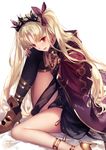  asymmetrical_legwear blonde_hair blush cape commentary_request earrings ereshkigal_(fate/grand_order) fate/grand_order fate_(series) hair_ribbon hat hat_ribbon jewelry kyouya_(mukuro238) long_hair looking_at_viewer red_ribbon ribbon simple_background single_thighhigh solo thighhighs white_background 