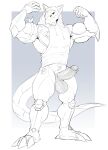 absurd_res anthro balls bottomless clothed clothing erection genitals glans hi_res hoodie hoodie_only humanoid_genitalia humanoid_penis killianroo male muscular muscular_anthro muscular_male penis simple_background solo standing tail topwear topwear_only