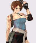  1girl bare_shoulders blood blood_on_face blue_eyes breasts brown_hair crop_top gun highres holding holding_gun holding_weapon jill_valentine large_breasts looking_at_viewer muscular resident_evil short_hair skirt standing straight_hair weapon yoracrab 