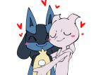 ambiguous_gender anthro biped black_body blue_body duo eyes_closed fur generation_1_pokemon generation_4_pokemon heart_symbol hug itz_smi73 legendary_pokemon lucario mewtwo nintendo pink_body pokemon pokemon_(species) simple_background smile tan_body tan_fur white_background