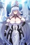  1girl absurdres azur_lane bare_shoulders black_dress black_gloves breasts cleavage dress febicoron feet_out_of_frame fur_trim gloves hand_on_own_hip highres huge_breasts ice long_hair looking_at_viewer solo sovetsky_soyuz_(azur_lane) standing two-tone_dress very_long_hair white_dress white_eyes white_hair white_headwear 