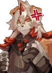 2023 absurd_res angry anthro arknights canid canine canis clothing domestic_dog fur gloves hair handwear hi_res horn hung_(arknights) hypergryph long_hair looking_at_viewer male mammal orange_hair ro_ru39 simple_background solo studio_montagne tan_body tan_fur white_body white_fur white_hair yellow_eyes